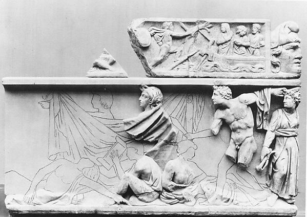 Fragmentary marble sarcophagus with scenes from the Oresteia. Roman, mid-2nd century CE, Marble-Luni