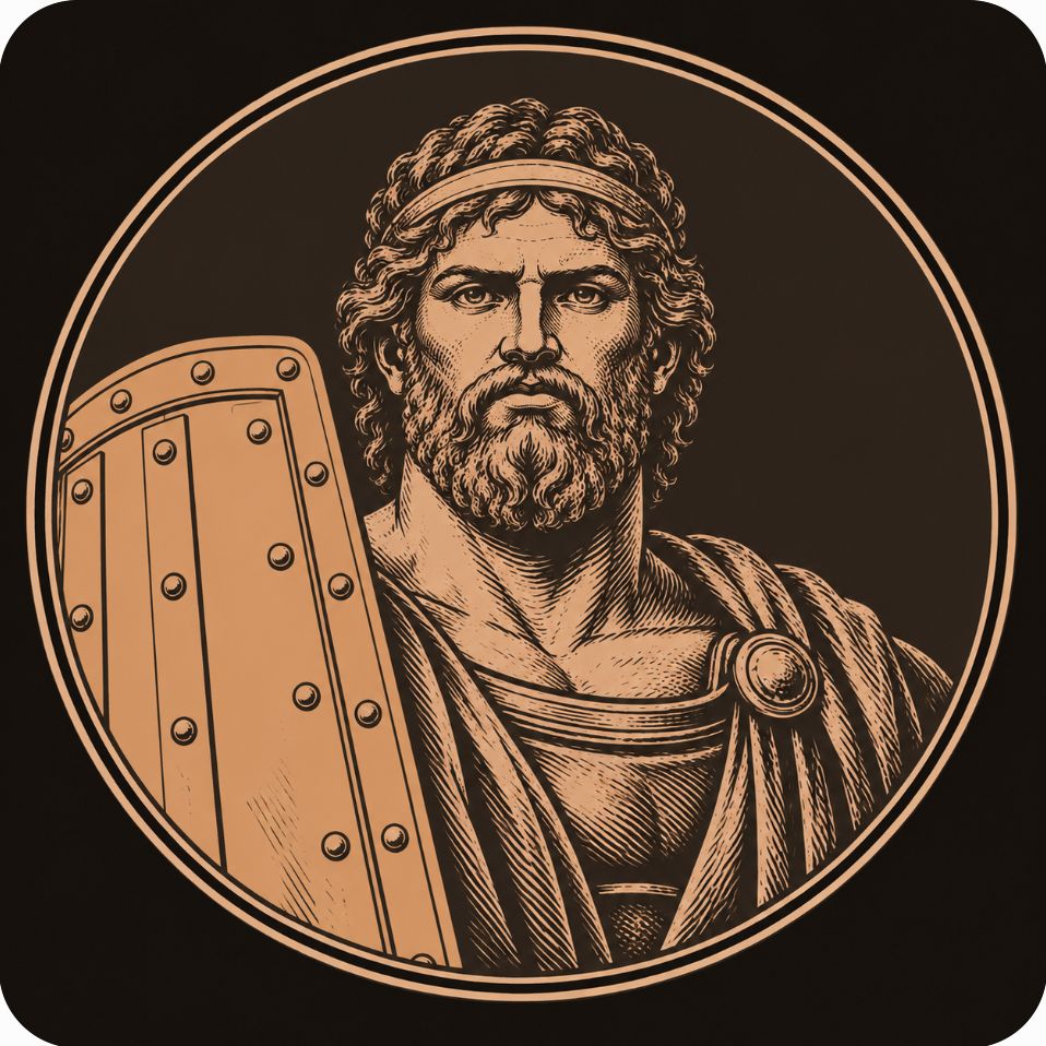 Bronze medallion portrait of the powerfully built Greek warrior Ajax standing beside his massive tower shield