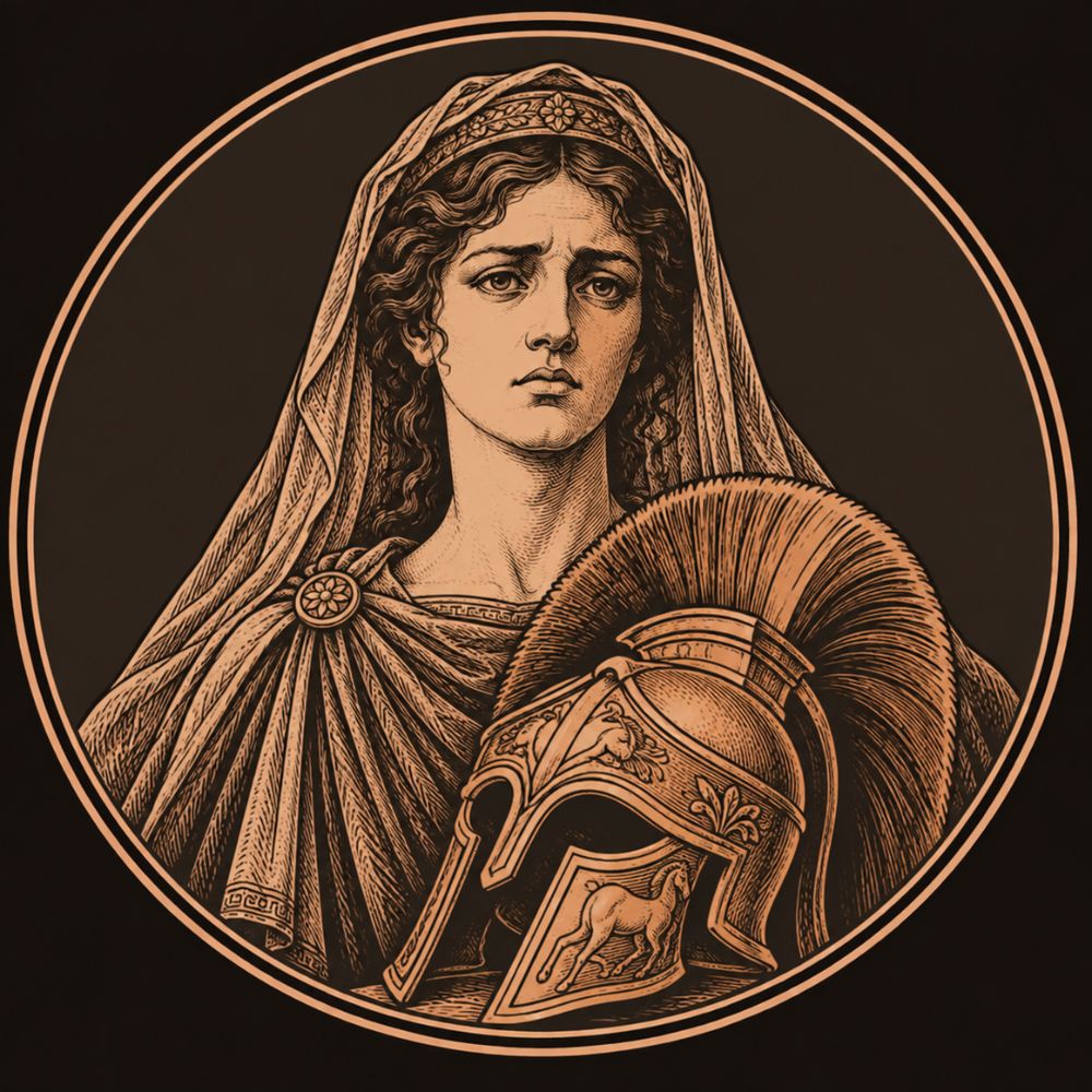 Engraved bronze medallion of Andromache in a mourning veil, Hector's crested bronze helmet resting before her