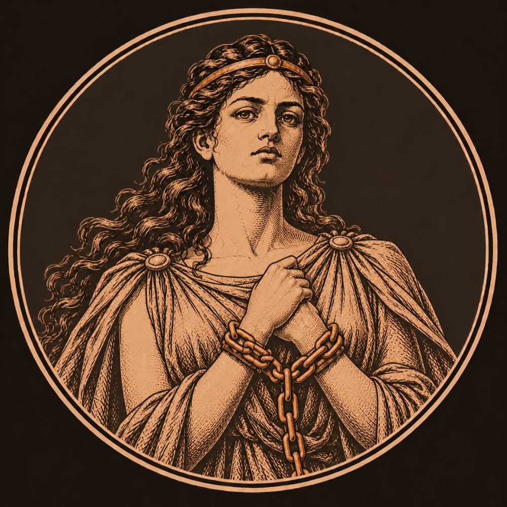 Engraved bronze medallion of Andromeda, a young woman with long loose hair and a steady gaze, her wrists bound by a heavy chain