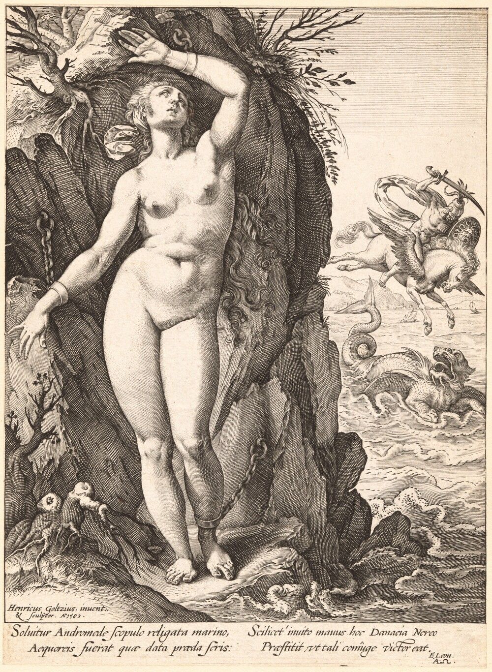 Hendrick Goltzius's 1583 engraving: Andromeda chained nude to a sea rock, while Perseus on Pegasus dives at the sea monster below