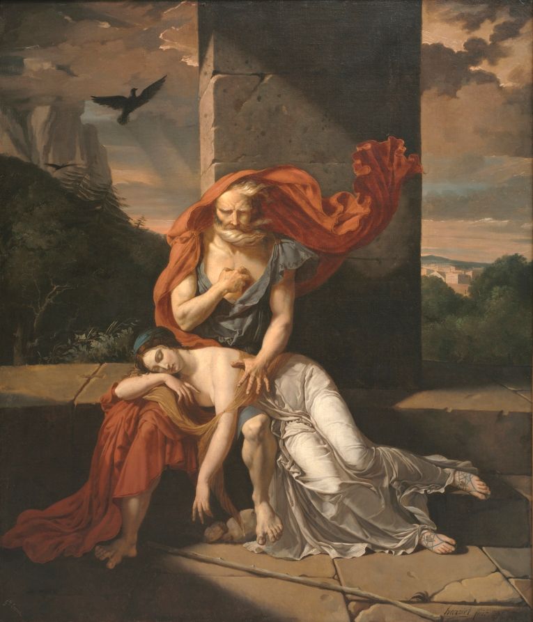 Blind Oedipus in a red cloak shields his sleeping daughter Antigone at the foot of a stone wall, in Harriet's 1798 painting Oedipus at Colonus