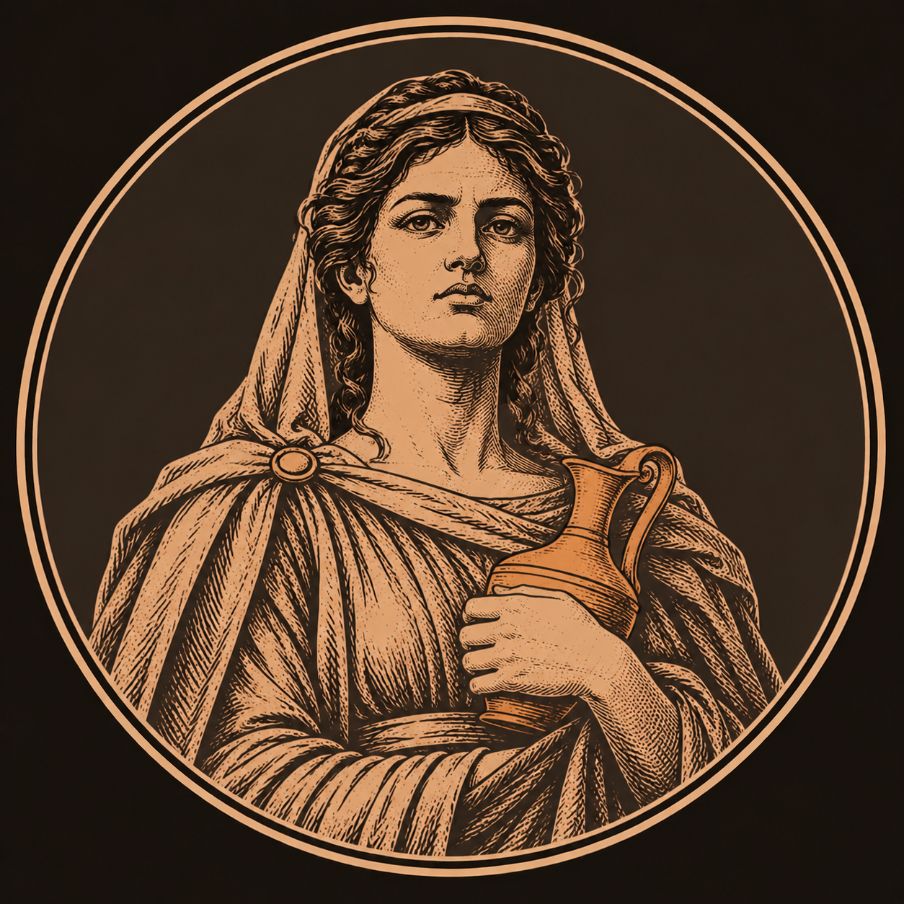 Engraved bronze medallion of Antigone, a young veiled woman with a resolute gaze, holding a libation pitcher against her chest
