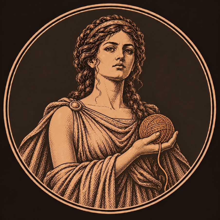 Engraved bronze medallion of Ariadne, a young woman with long braided hair holding the ball of thread that led Theseus out of the Labyrinth