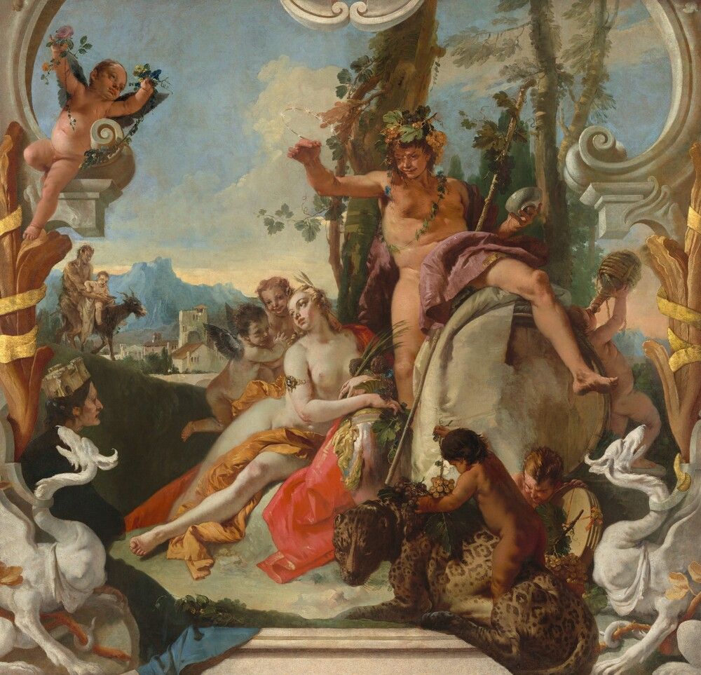 Tiepolo's ceiling painting: Bacchus, crowned with vine leaves, reaches toward a reclining Ariadne among putti and a leopard