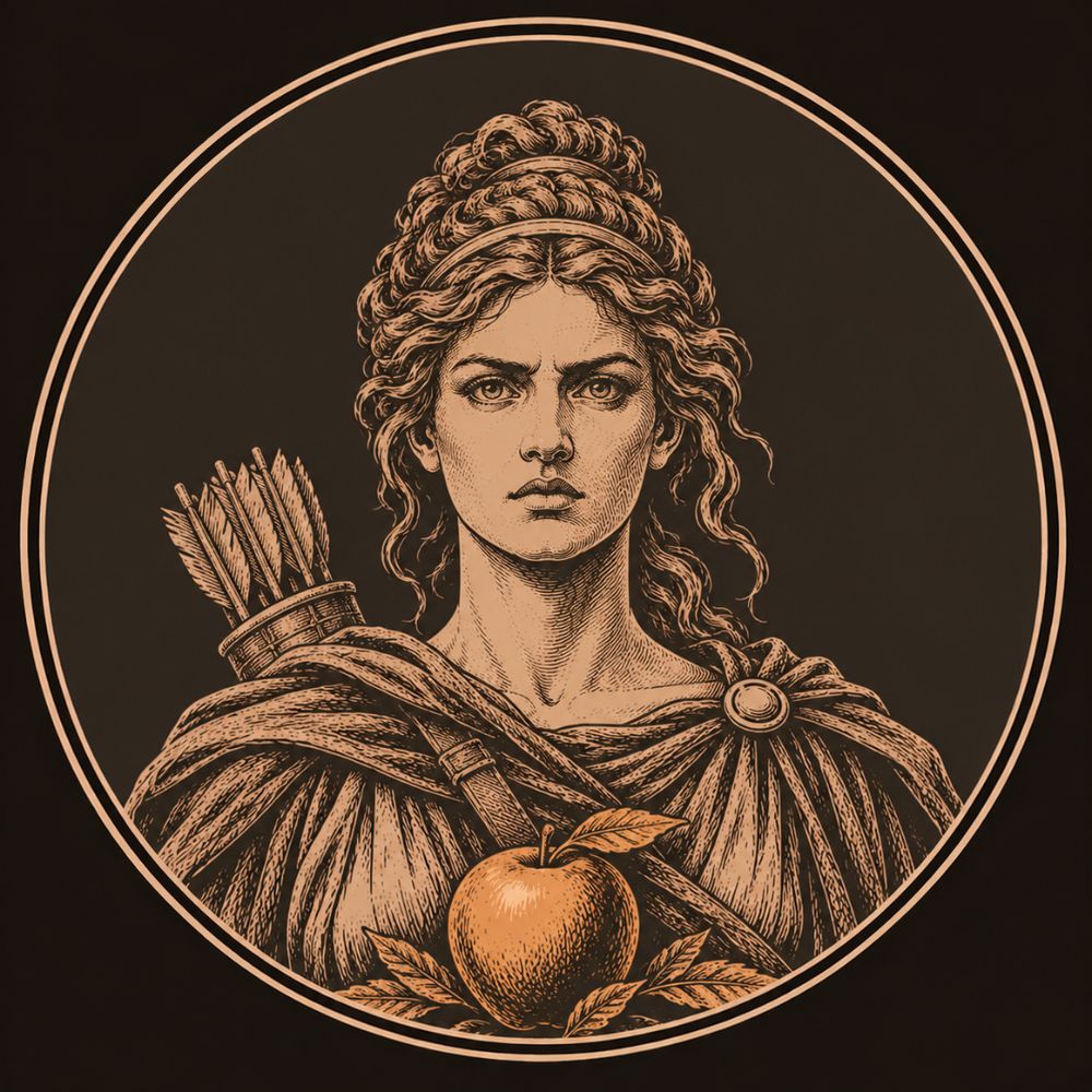 Engraved bronze medallion of Atalanta, a fierce young huntress with bound hair and a quiver, a bronze golden apple before her