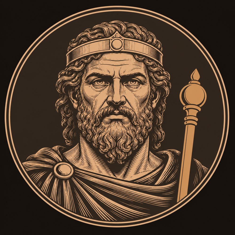 Bronze engraved bust of a bearded king in a circular medallion frame, with a solid bronze sceptre rising beside his shoulder against a dark brown field inside a thin double ring