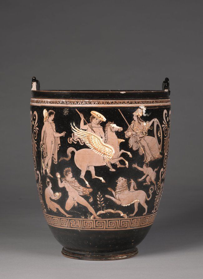 Red-Figure Situla (Deep Bucket): Bellerophon Slaying Chimaera (A); Dionysos, Maenads, Eros (B). South Italian, Apulian, c. 350 BCE, ceramic