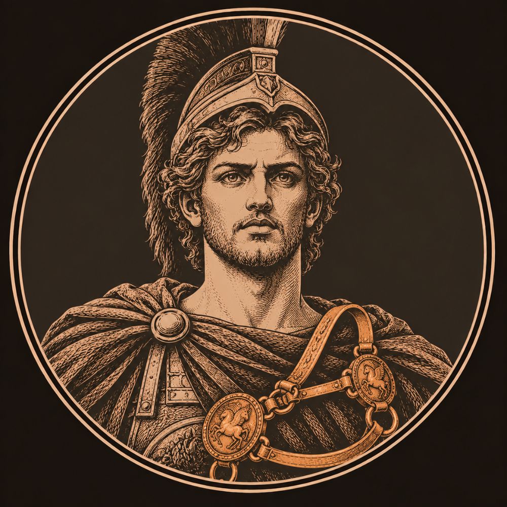 Engraved bronze medallion of Bellerophon, a bearded young warrior in a crested helmet, with Athena's golden bridle across his chest