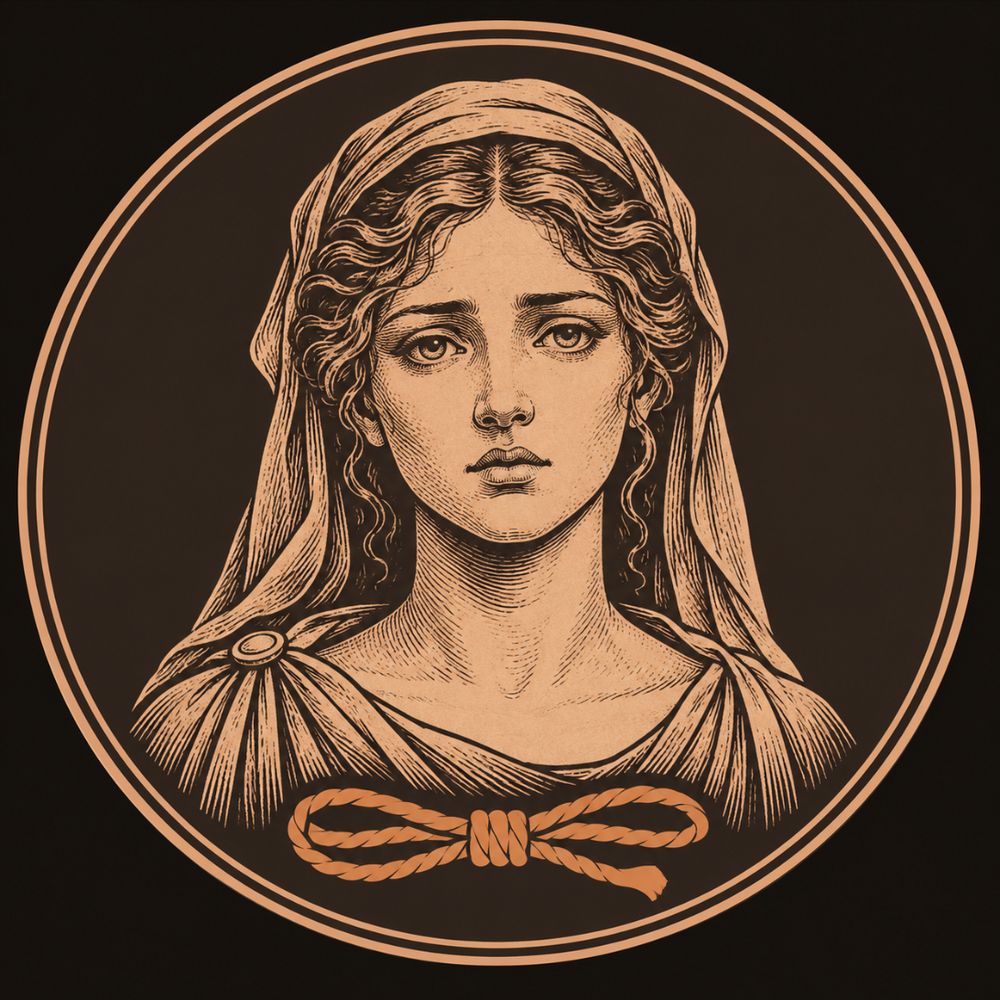 Engraved bronze portrait of Briseis, veiled, with a sorrowful gaze and a knotted rope at her breast, inside a double ring