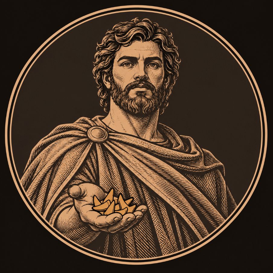 Engraved bronze medallion of Cadmus, a bearded man in a pinned traveler's cloak, holding out a palm full of the dragon's teeth he sowed