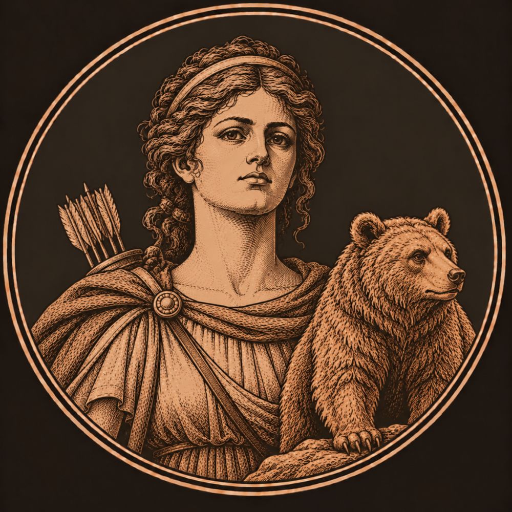Engraved bronze medallion of Callisto, a young huntress with a quiver and a band in her hair, beside a standing bear