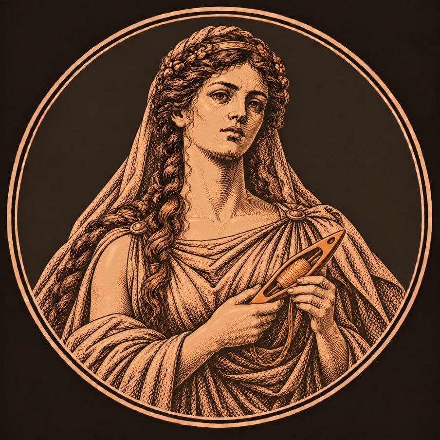Engraved bronze medallion of Calypso, a veiled nymph with long braided hair holding a golden weaving shuttle