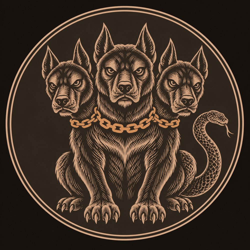 Cerberus depicted with three canine heads and a serpent tail, a bronze chain around his necks, in bronze medallion style