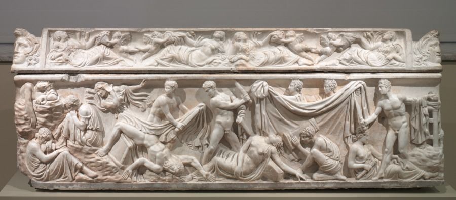 Roman marble sarcophagus relief: Orestes, sword in hand, stands over the bodies of Aegisthus and Clytemnestra, with the Furies resting on Agamemnon's tomb at left