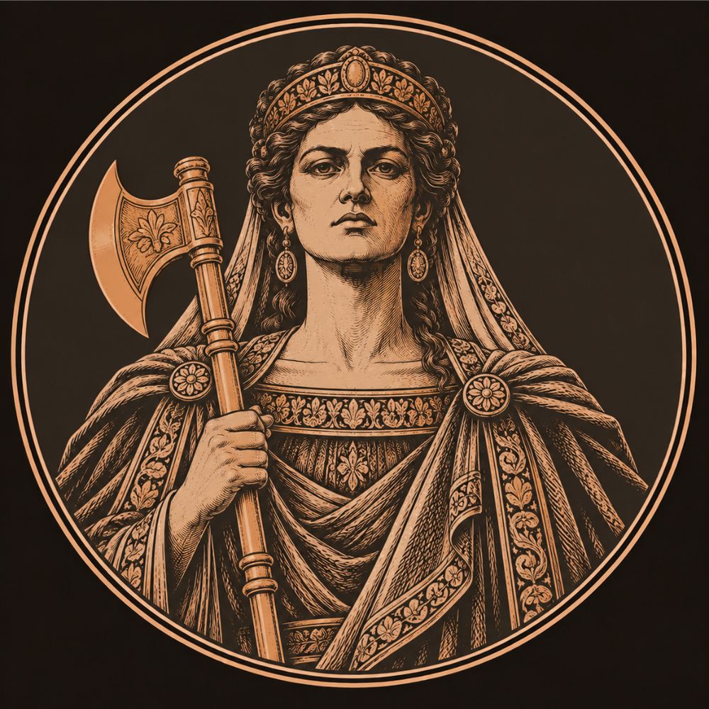Engraved bronze medallion of Clytemnestra, queen of Mycenae, a veiled woman with a cold gaze holding a bronze axe upright