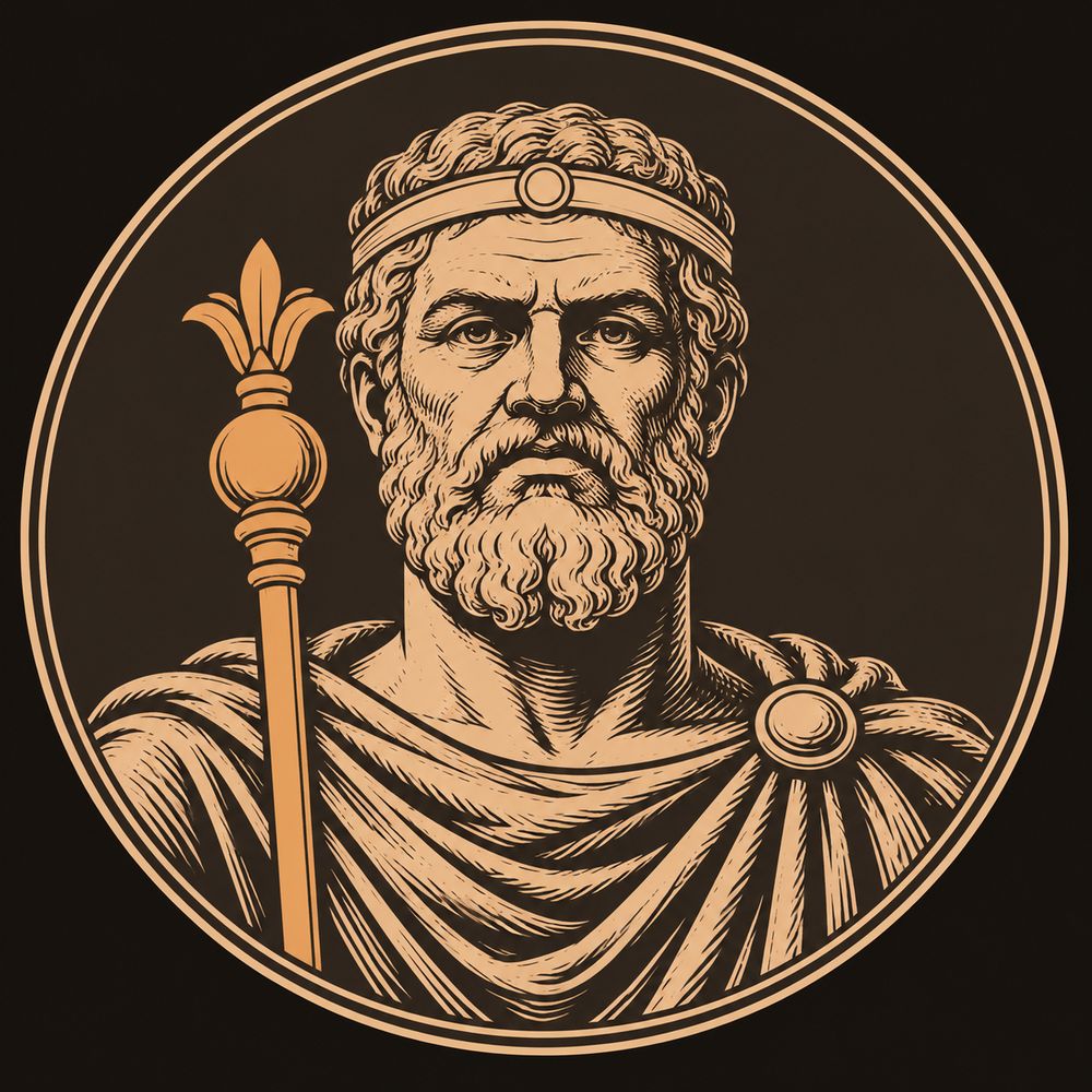 Forward-facing bronze bust of a bearded older man wearing a plain diadem and a cloak clasped at one shoulder, with a sceptre held upright before his chest inside two thin concentric frame lines