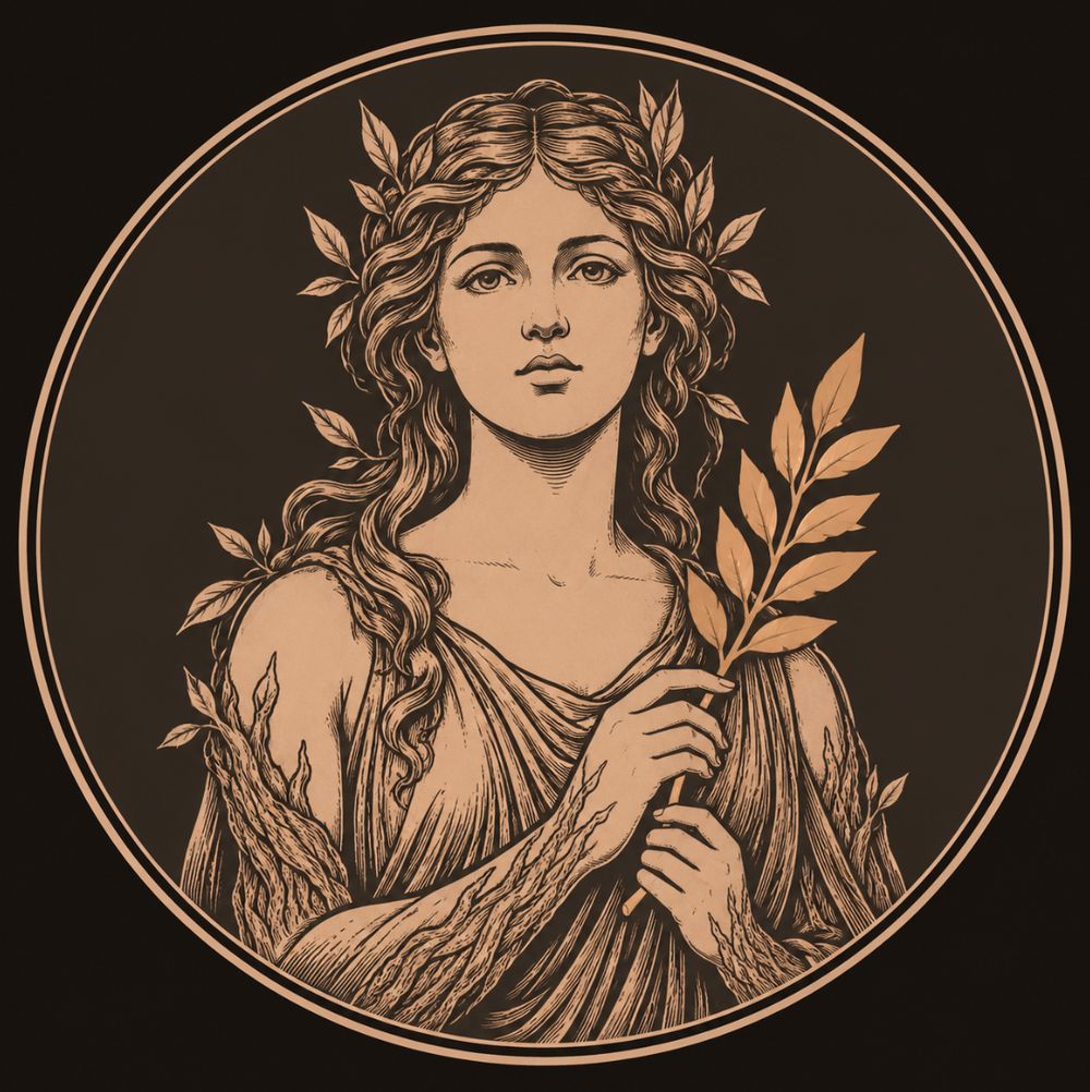 A laurel-crowned river-nymph with bark creeping up her shoulders holds a laurel branch