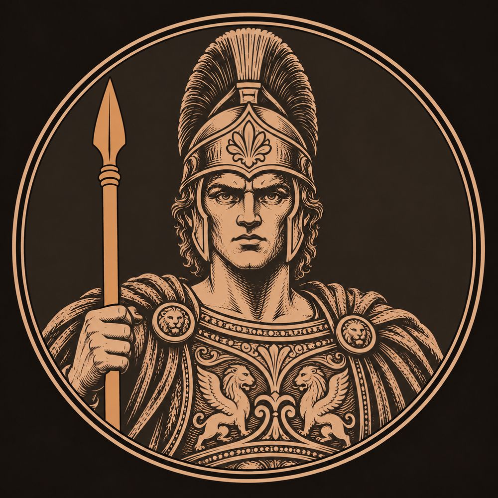 Bronze engraved medallion portrait of Diomedes, young warrior wearing a crested helmet and holding a spear