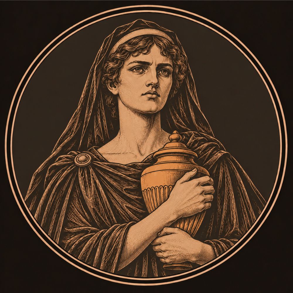 Engraved bronze medallion of Electra in a mourning veil, clasping to her chest the bronze urn she believes holds her brother's ashes