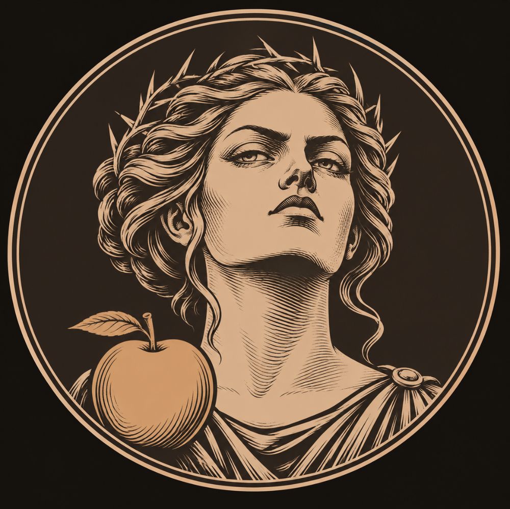 Engraved bronze portrait of Eris, goddess of strife, with a defiant upturned face, a thorn crown and a golden apple at her shoulder, inside a double ring