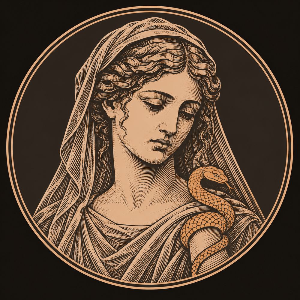 Engraved bronze bust of a young woman with her hair drawn back under a light veil and her eyes lowered, a solid bronze serpent coiled around her wrist against a dark circular field