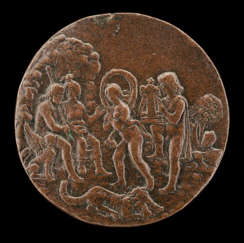 Orpheus and Eurydice Before Pluto and Proserpine. Master of the Orpheus Legend, fourth quarter 15th century, bronze//Medium brown patina
