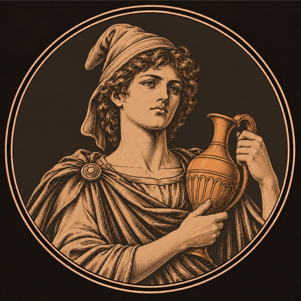 Engraved bronze medallion of Ganymede, a curly-haired Trojan youth in a Phrygian cap and cloak, holding a bronze wine jug ready to pour