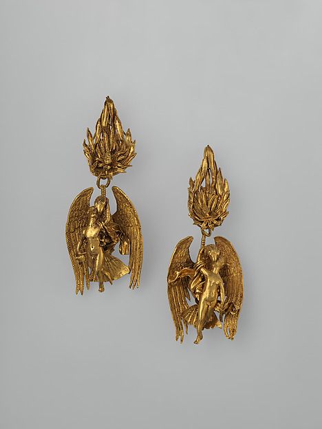 Pair of gold earrings with Ganymede and the eagle. Greek, ca. 330–300 BCE, Gold