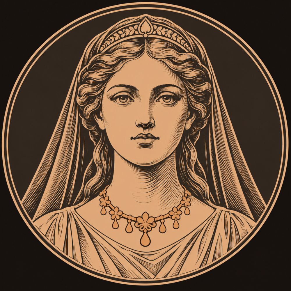Engraved bronze medallion of a woman with long hair under a fine veil, her face turned forward within a double ring, and a necklace at her throat rendered in solid bronze