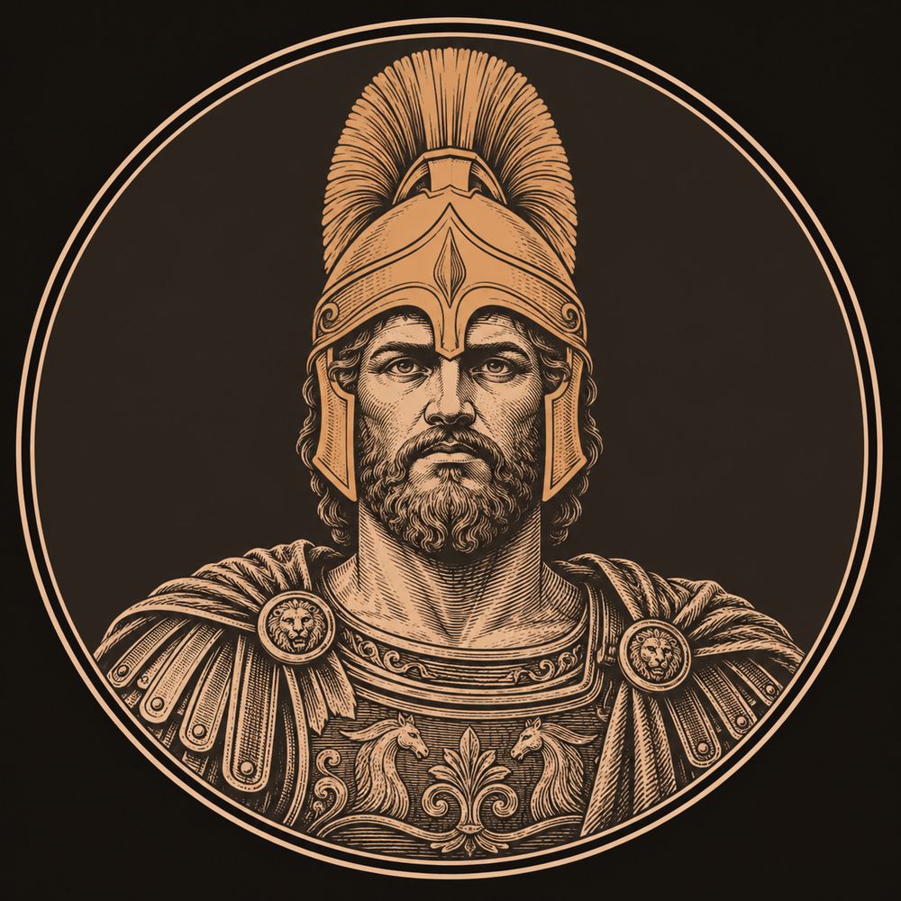 Bronze engraved medallion portrait of Hector of Troy, bearded warrior wearing a tall crested helmet