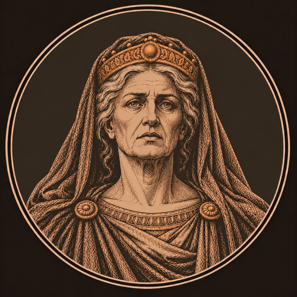 Engraved bronze medallion of Hecuba, the aged queen of Troy, a grief-worn old woman in a mourning veil and a bronze royal diadem