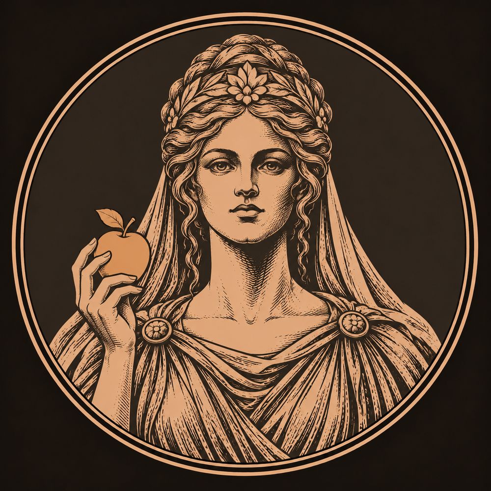 Bronze engraved medallion portrait of Helen of Troy, veiled woman holding a golden apple