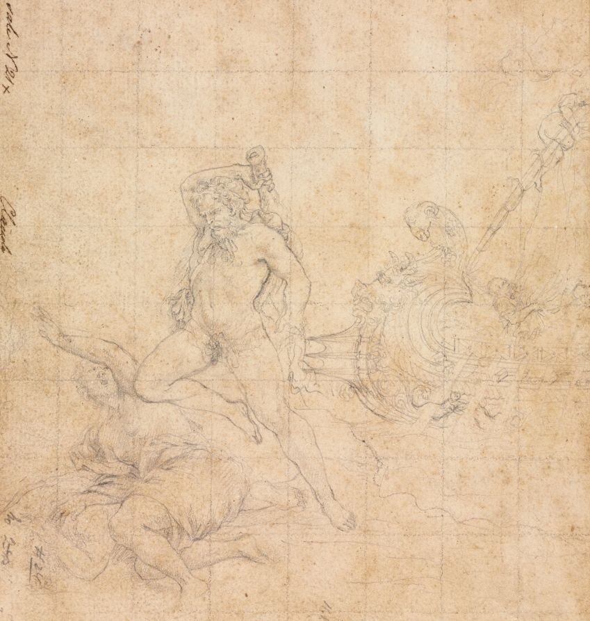 Graphite sketch of Heracles raising his club over a fallen Amazon, with a ship's carved prow behind, squared for transfer, Italy about 1600