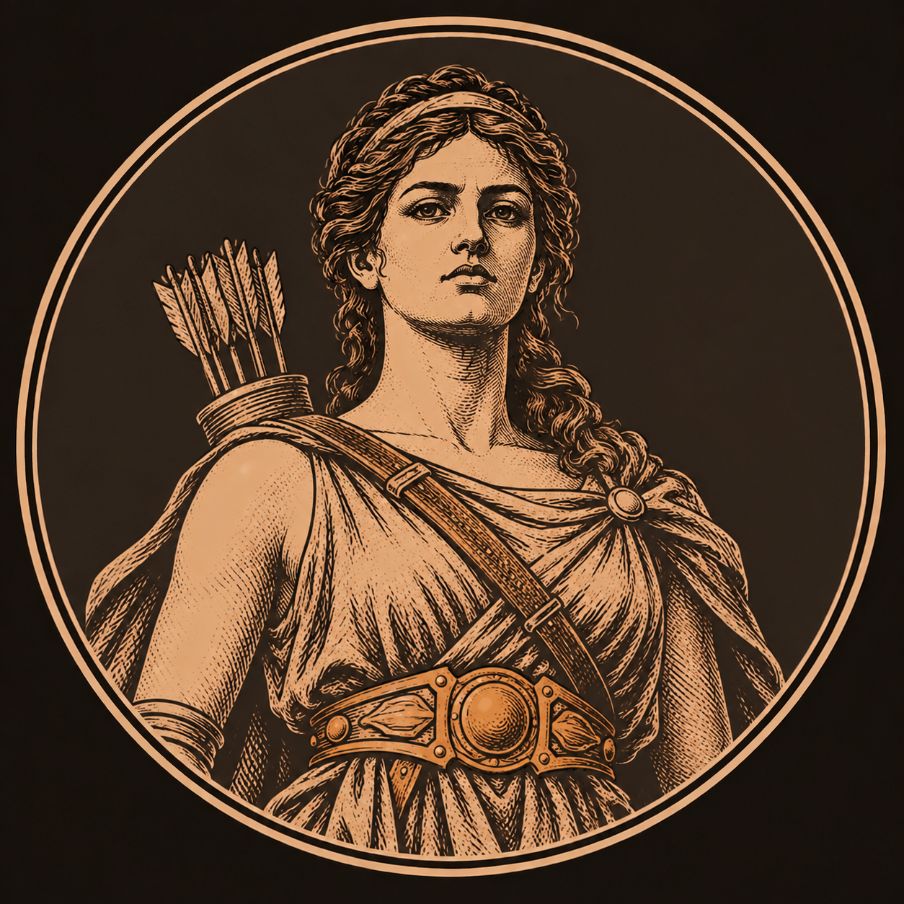 Engraved bronze medallion of Hippolyta, queen of the Amazons, with a quiver at her shoulder and the war belt of Ares at her waist
