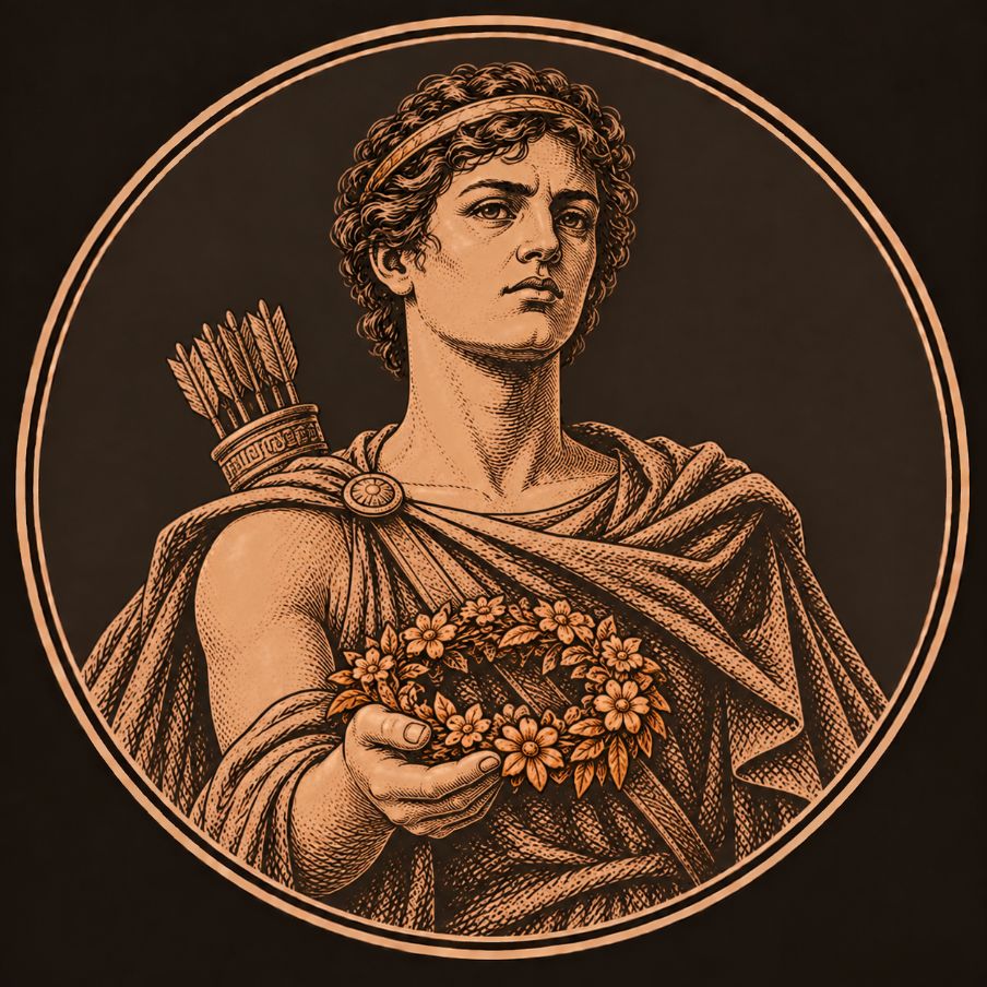 Engraved bronze medallion of Hippolytus, a young beardless hunter with a quiver, holding out a woven wreath of meadow flowers for Artemis
