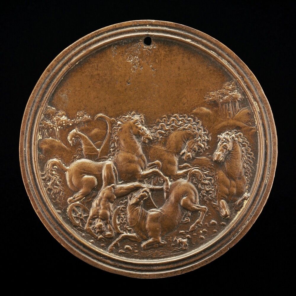 Bronze Renaissance roundel: Hippolytus falls beneath his wrecked chariot as his horses rear and bolt in panic