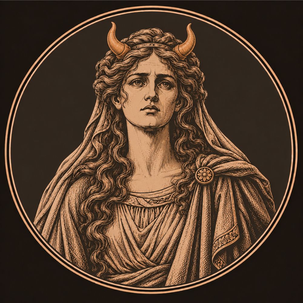 Engraved bronze medallion of Io, a young woman with long wavy hair and small heifer's horns on her brow, marking her transformation