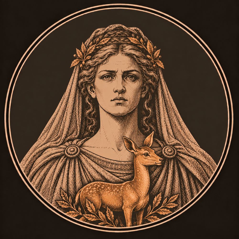Engraved bronze medallion of Iphigenia in a bridal veil and leaf garland, a small bronze deer standing before her