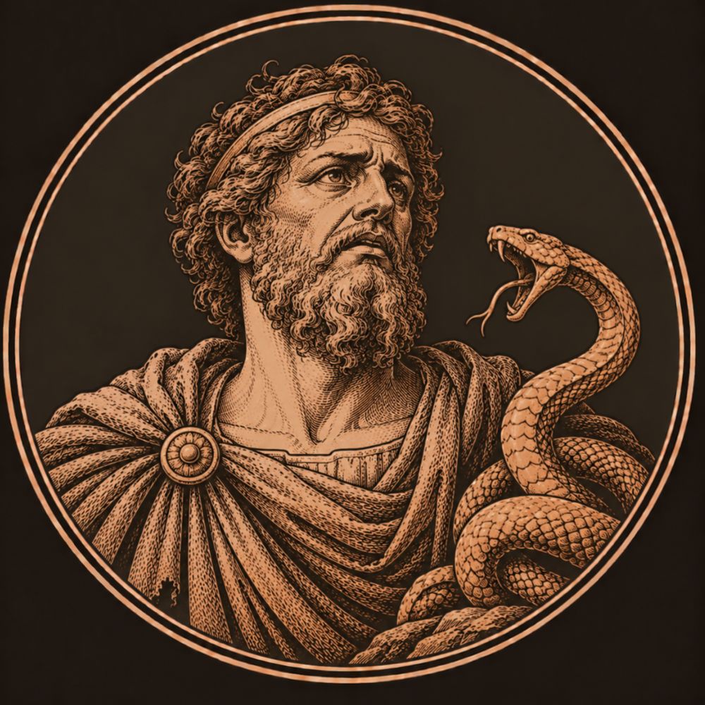 Engraved bronze medallion of Laocoon, a bearded priest with a fillet looking up in alarm as a coiled sea serpent rises beside him