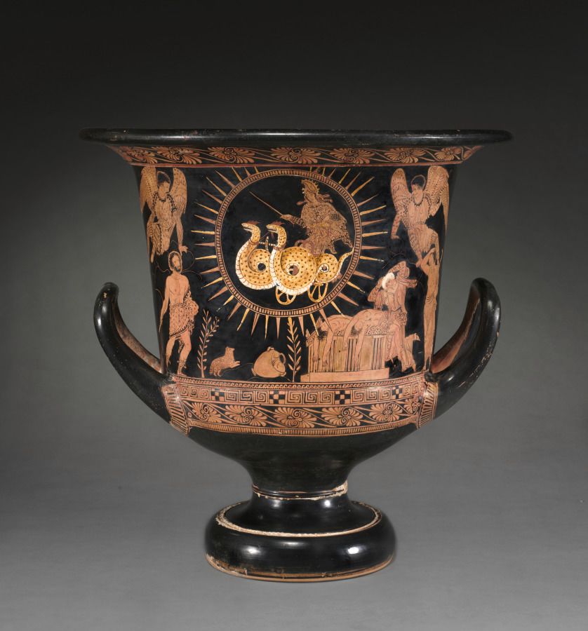 Red-Figure Calyx-Krater (Mixing Vessel): Medea in Chariot (A); Telephos with Baby Orestes (B). South Italian, Lucanian, c. 400 BCE, ceramic