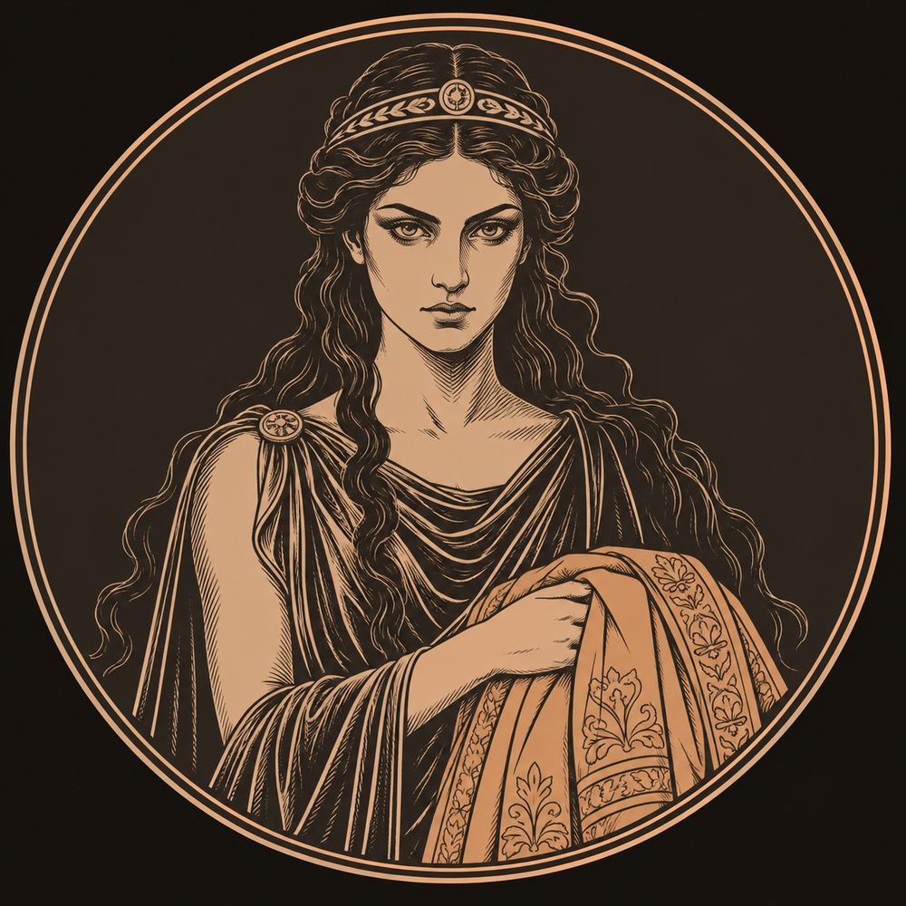Bronze medallion portrait of Medea in a diadem, a folded embroidered robe over her arm recalling the poisoned gift in Euripides' Medea