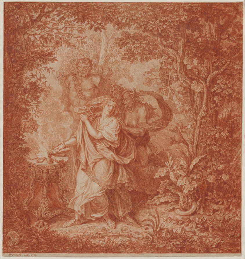 Althaea Putting the Fatal Log on the Fire. France, 1712, Red chalk on beige laid paper, incised for transfer