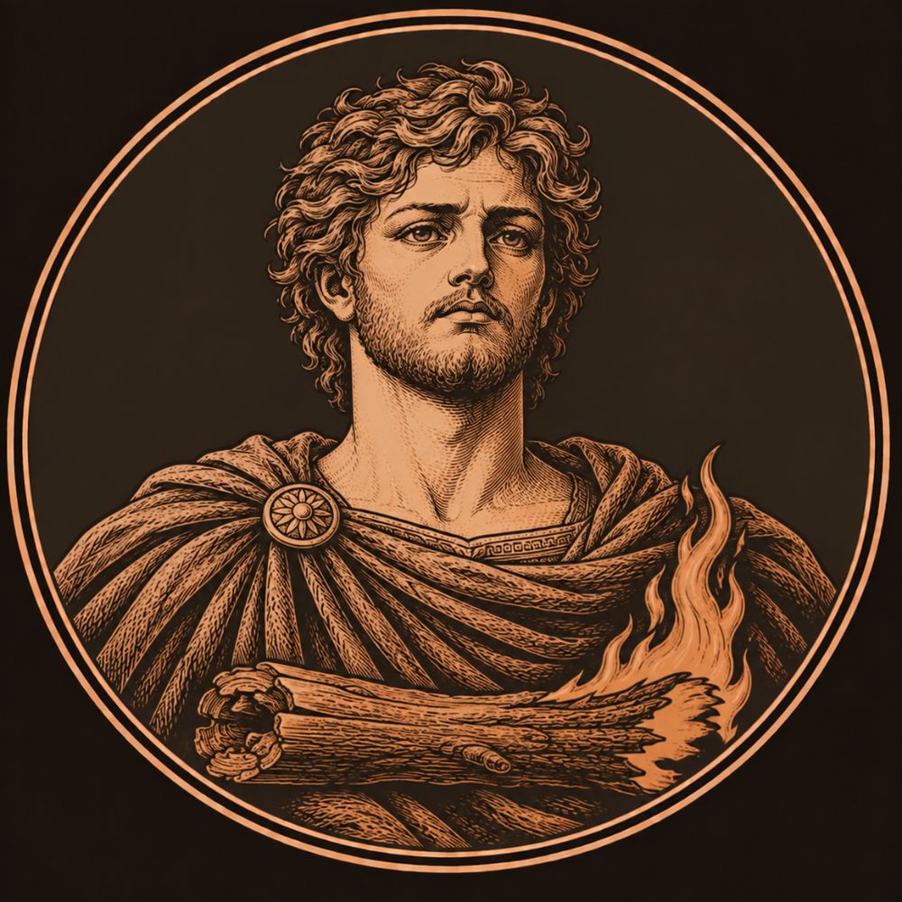 Engraved bronze medallion of Meleager, a curly-haired young hunter in a pinned cloak, a half-burnt bronze log with a flame lying before him