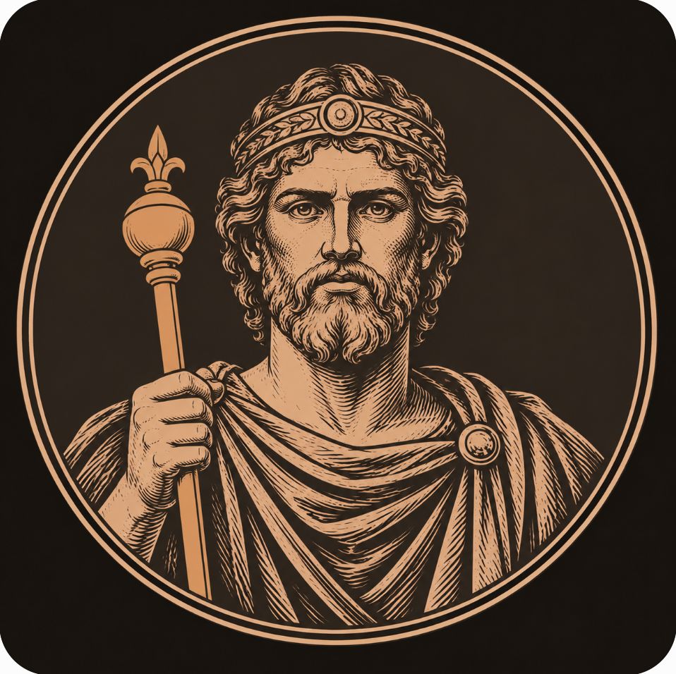 Bronze medallion portrait of the bearded Spartan king Menelaus wearing a laurel circlet and holding a royal scepter