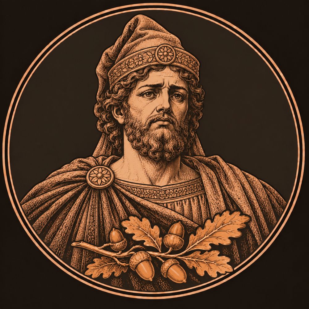 Engraved bronze medallion of Midas, a rueful bearded king in a Phrygian cap, an oak twig turned to bronze gold lying before him
