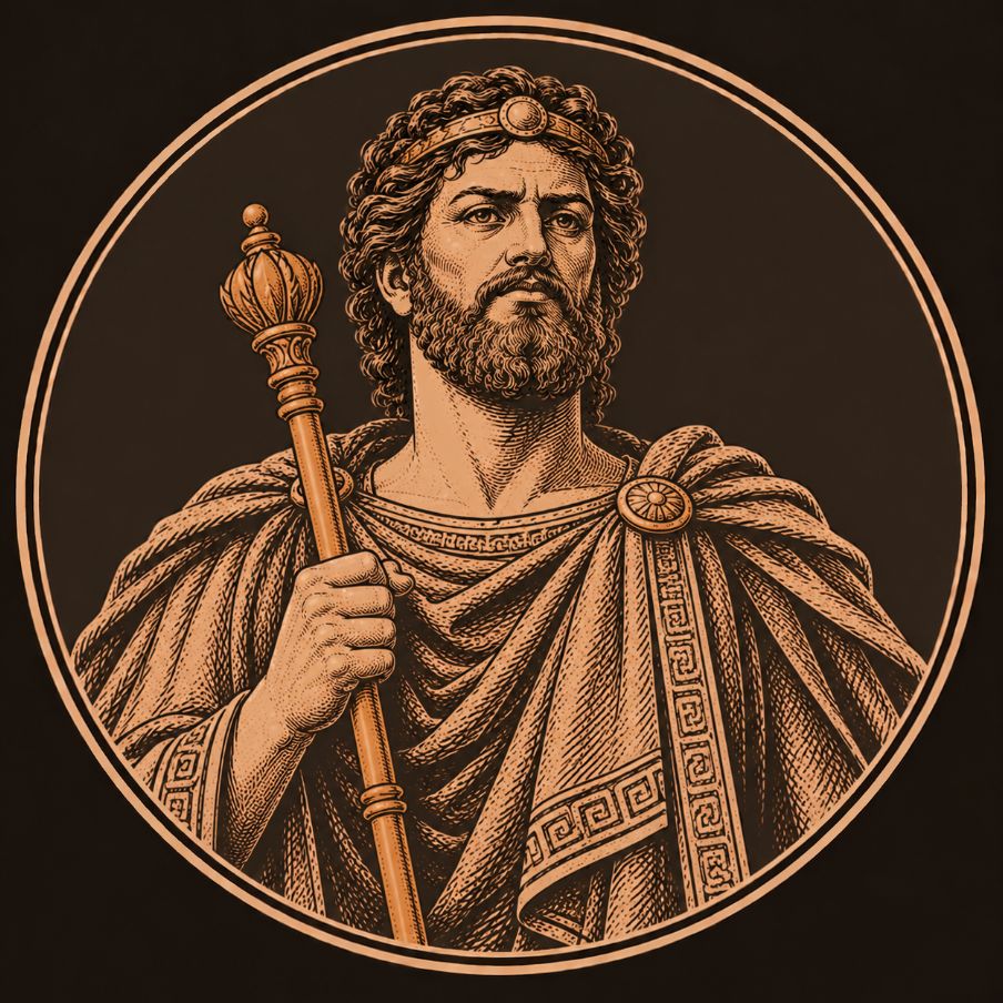 Engraved bronze medallion of Minos, king of Crete, a stern bearded man in a bordered robe holding a golden sceptre upright