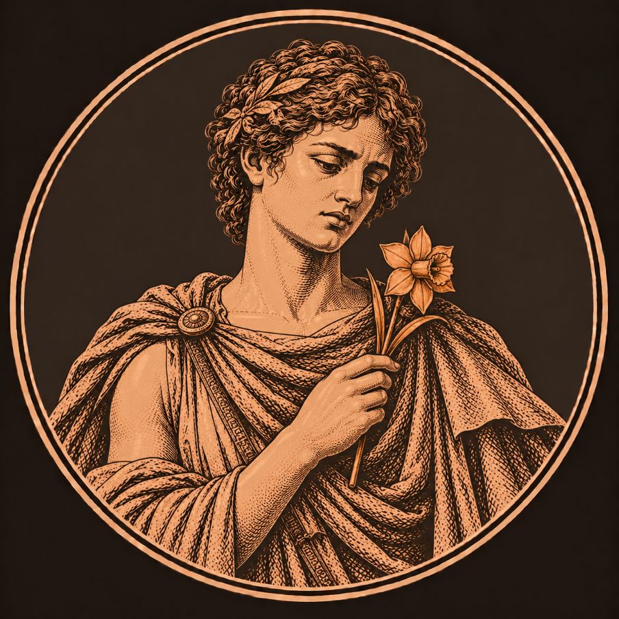 Engraved bronze medallion of Narcissus, a curly-haired youth with lowered eyes holding a single narcissus flower