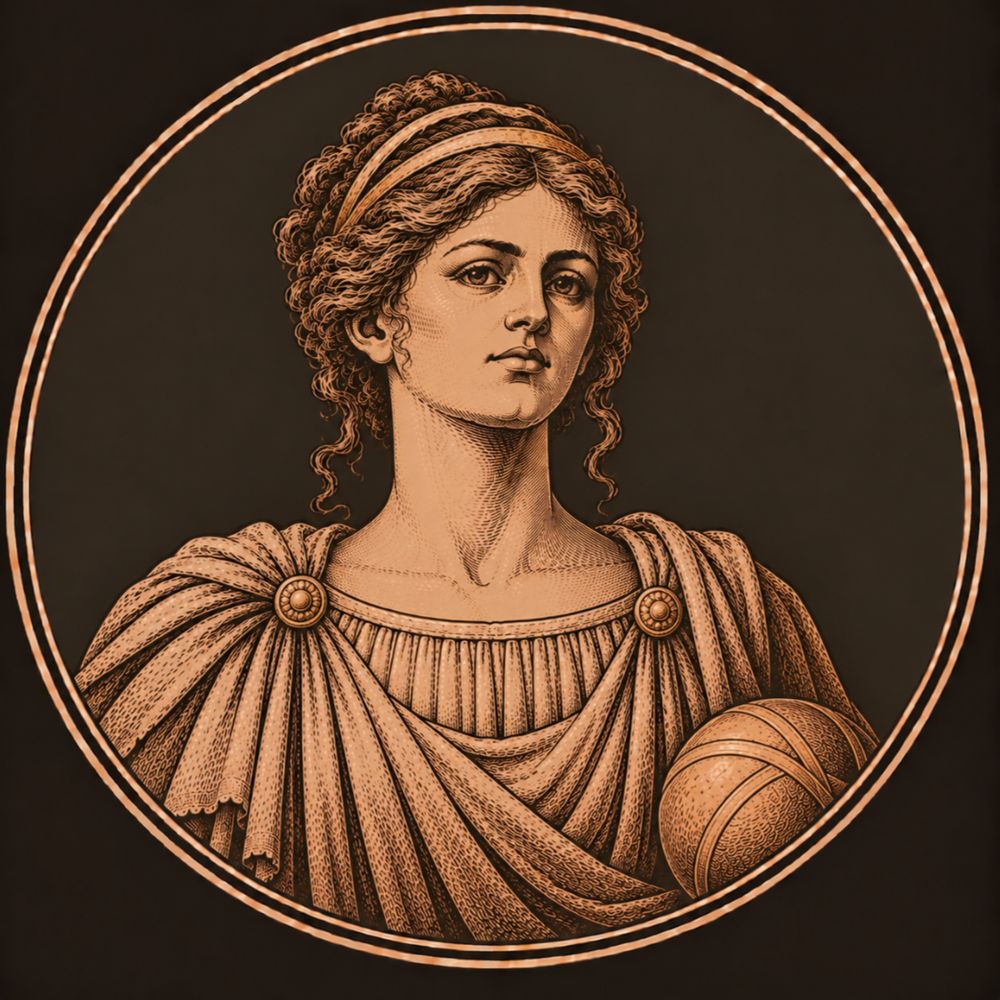 Engraved bronze medallion of Nausicaa, a young princess with curls held by a band and a pinned peplos, beside a ball