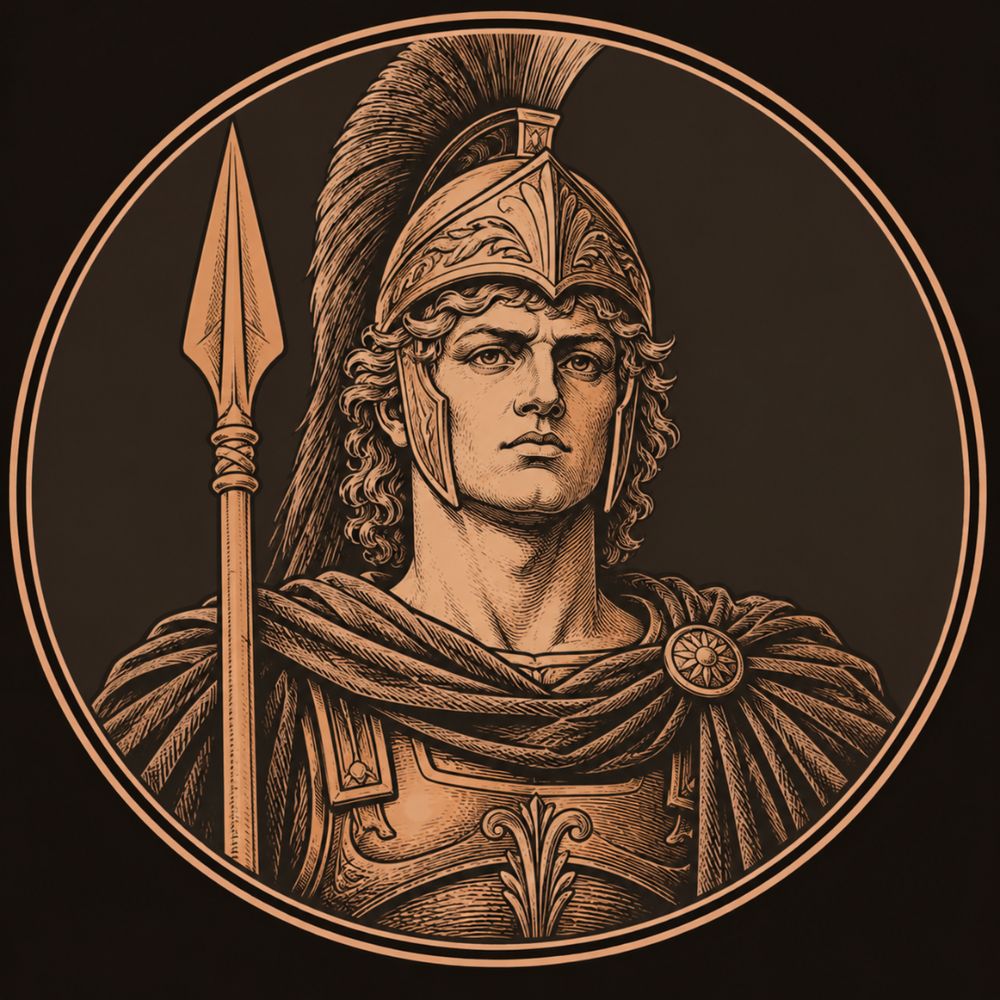 Engraved bronze medallion of Neoptolemus, a fierce beardless youth in a crested helmet, his father's bronze-tipped ash spear upright beside him